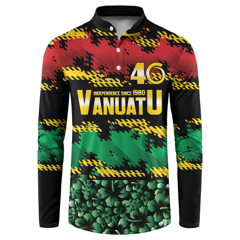 Vanuatu 46th Year Anniversary Button Sweatshirt 30 July 1980 Hibiscus Seamless Pattern LT9 Black - Polynesian Pride