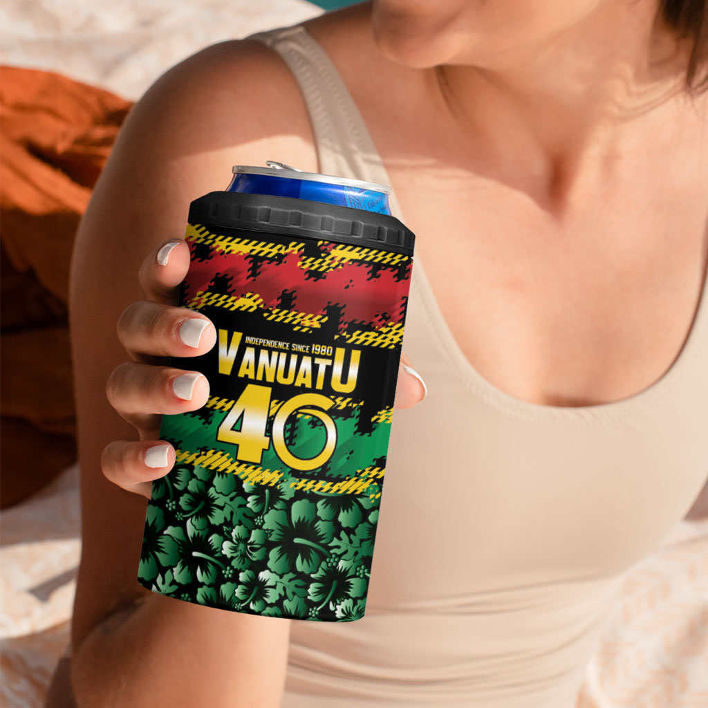 Vanuatu 46th Year Anniversary 4 in 1 Can Cooler Tumbler 30 July 1980 Hibiscus Seamless Pattern LT9 - Polynesian Pride