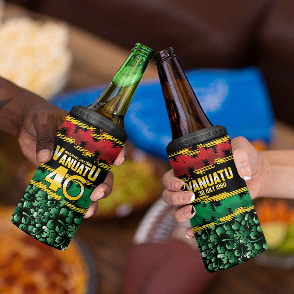Vanuatu 46th Year Anniversary 4 in 1 Can Cooler Tumbler 30 July 1980 Hibiscus Seamless Pattern LT9 - Polynesian Pride