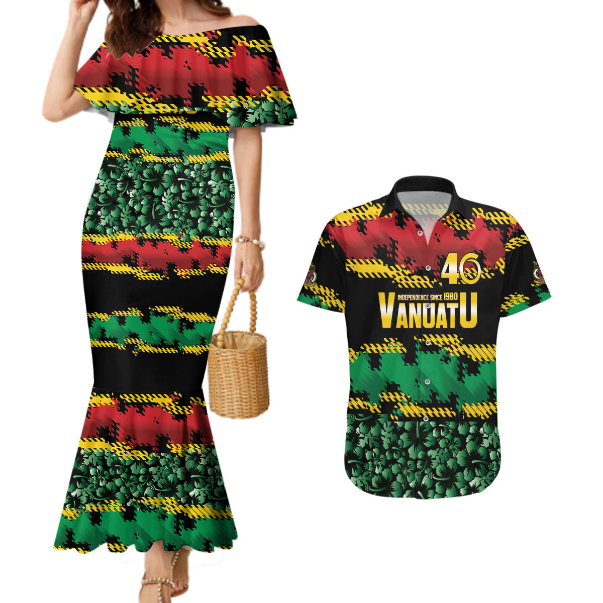 Vanuatu 46th Year Anniversary Couples Matching Mermaid Dress and Hawaiian Shirt 30 July 1980 Hibiscus Seamless Pattern LT9 Black - Polynesian Pride