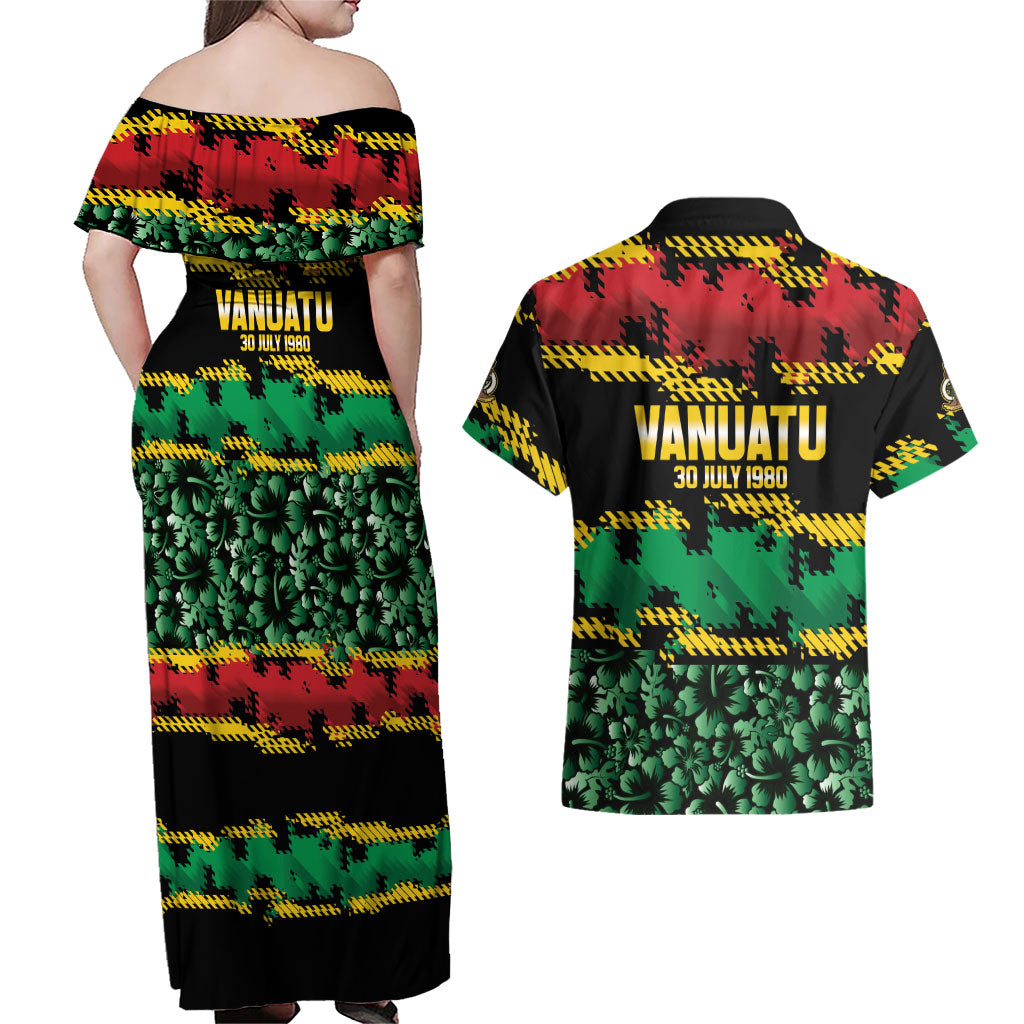 Vanuatu 46th Year Anniversary Couples Matching Off Shoulder Maxi Dress and Hawaiian Shirt 30 July 1980 Hibiscus Seamless Pattern