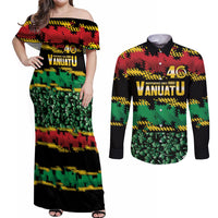 Vanuatu 46th Year Anniversary Couples Matching Off Shoulder Maxi Dress and Long Sleeve Button Shirt 30 July 1980 Hibiscus Seamless Pattern LT9 Black - Polynesian Pride