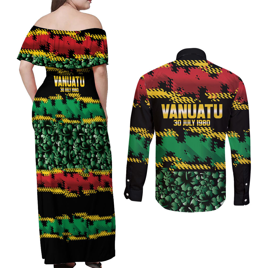 Vanuatu 46th Year Anniversary Couples Matching Off Shoulder Maxi Dress and Long Sleeve Button Shirt 30 July 1980 Hibiscus Seamless Pattern LT9 - Polynesian Pride