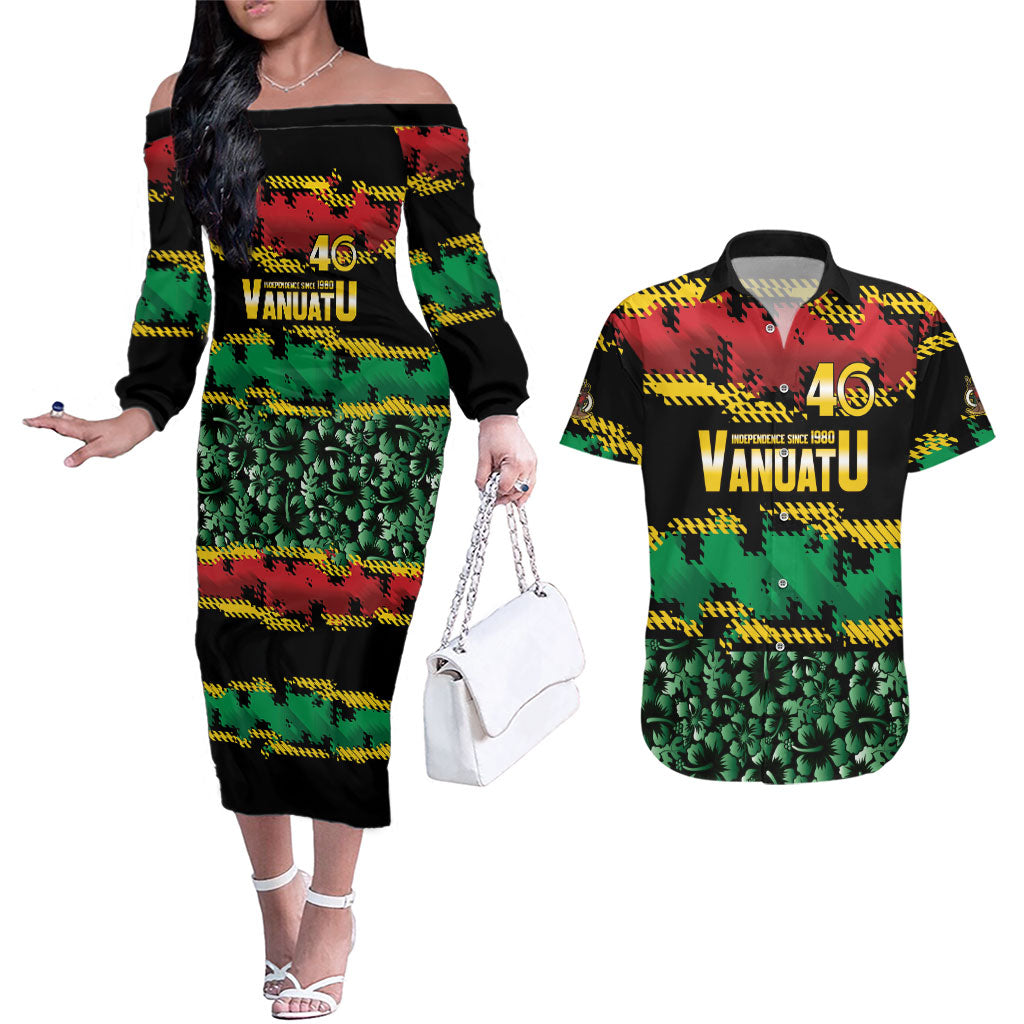 Vanuatu 46th Year Anniversary Couples Matching Off The Shoulder Long Sleeve Dress and Hawaiian Shirt 30 July 1980 Hibiscus Seamless Pattern