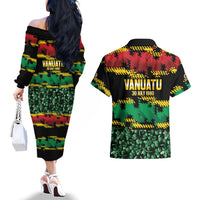 Vanuatu 46th Year Anniversary Couples Matching Off The Shoulder Long Sleeve Dress and Hawaiian Shirt 30 July 1980 Hibiscus Seamless Pattern
