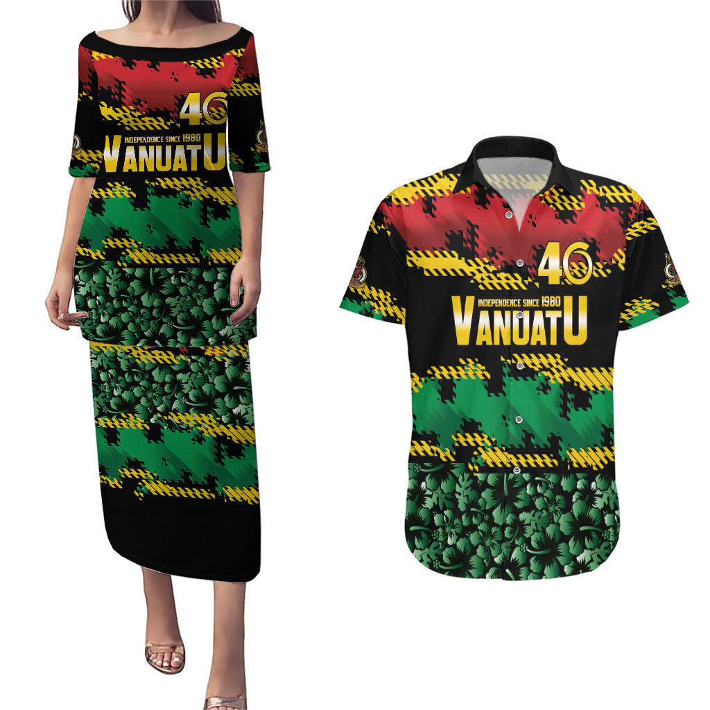 Vanuatu 46th Year Anniversary Couples Matching Puletasi and Hawaiian Shirt 30 July 1980 Hibiscus Seamless Pattern LT9 Black - Polynesian Pride