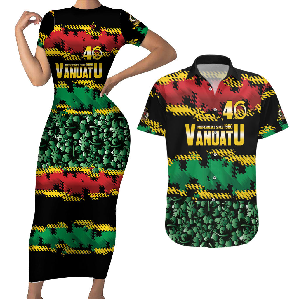 Vanuatu 46th Year Anniversary Couples Matching Short Sleeve Bodycon Dress and Hawaiian Shirt 30 July 1980 Hibiscus Seamless Pattern LT9 Black - Polynesian Pride