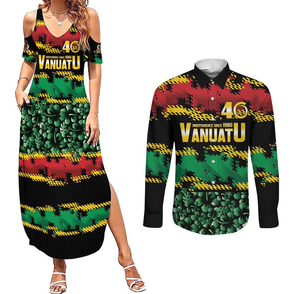Vanuatu 46th Year Anniversary Couples Matching Summer Maxi Dress and Long Sleeve Button Shirt 30 July 1980 Hibiscus Seamless Pattern LT9 Black - Polynesian Pride