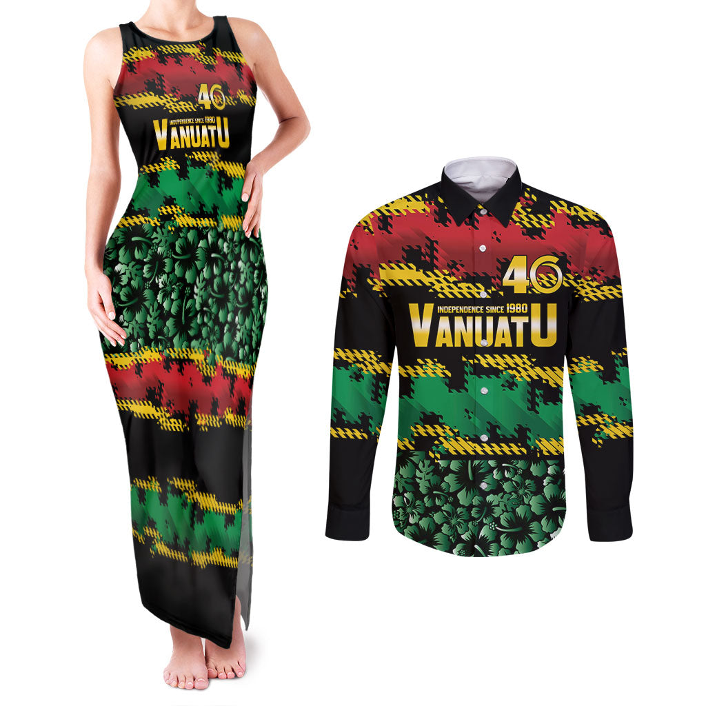 Vanuatu 46th Year Anniversary Couples Matching Tank Maxi Dress and Long Sleeve Button Shirt 30 July 1980 Hibiscus Seamless Pattern