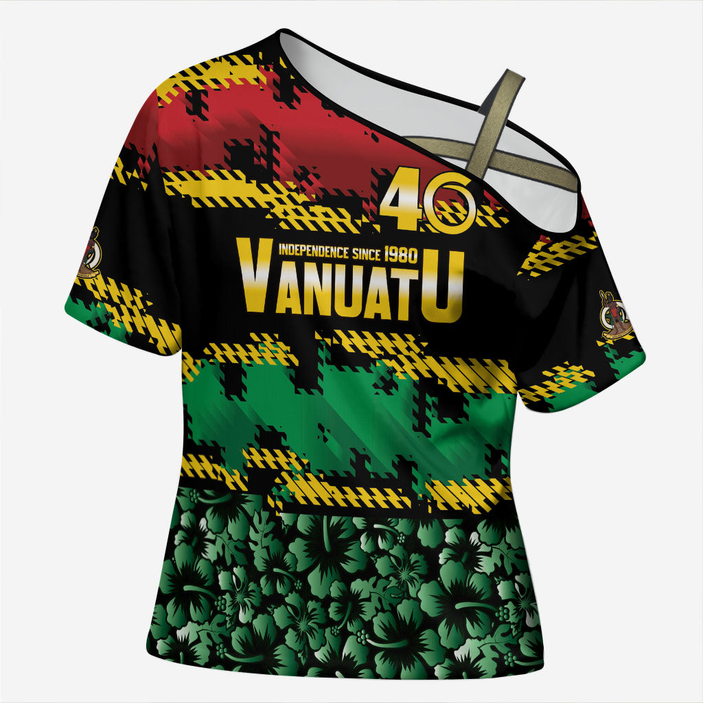Vanuatu 46th Year Anniversary Cross Shoulder Shirt 30 July 1980 Hibiscus Seamless Pattern LT9 Female Black - Polynesian Pride