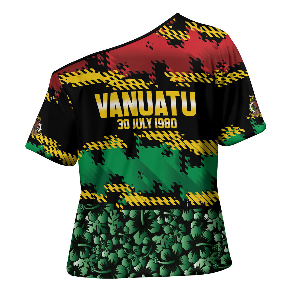 Vanuatu 46th Year Anniversary Cross Shoulder Shirt 30 July 1980 Hibiscus Seamless Pattern LT9 - Polynesian Pride