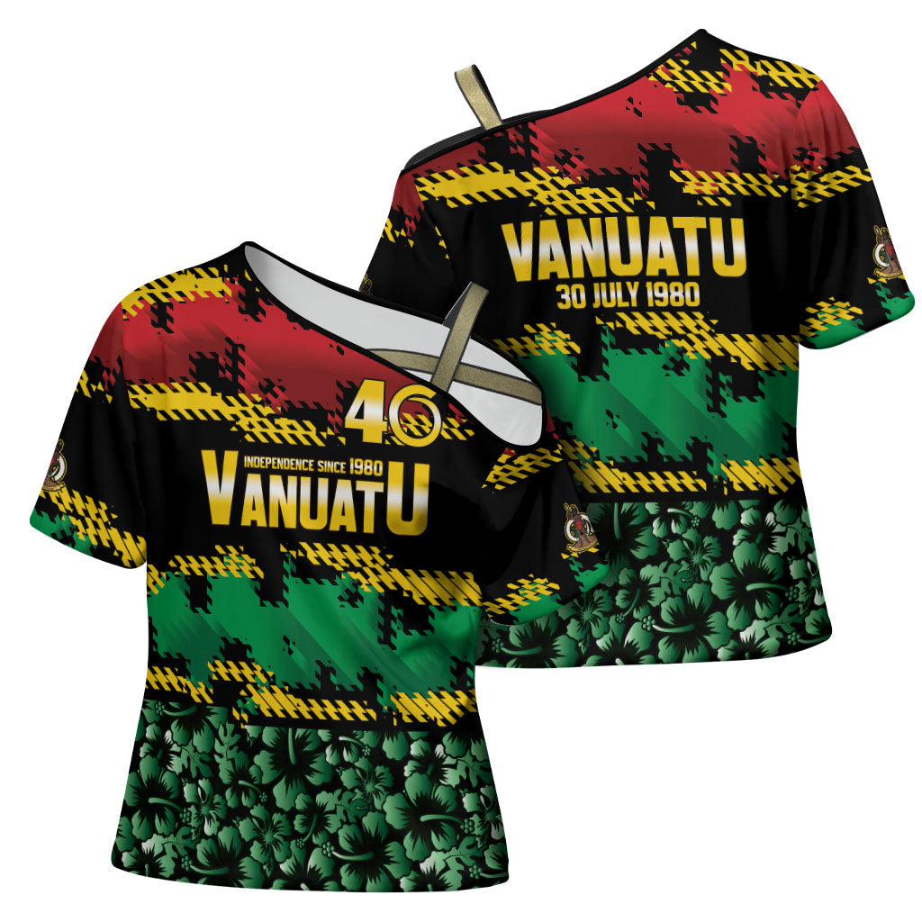 Vanuatu 46th Year Anniversary Cross Shoulder Shirt 30 July 1980 Hibiscus Seamless Pattern LT9 - Polynesian Pride