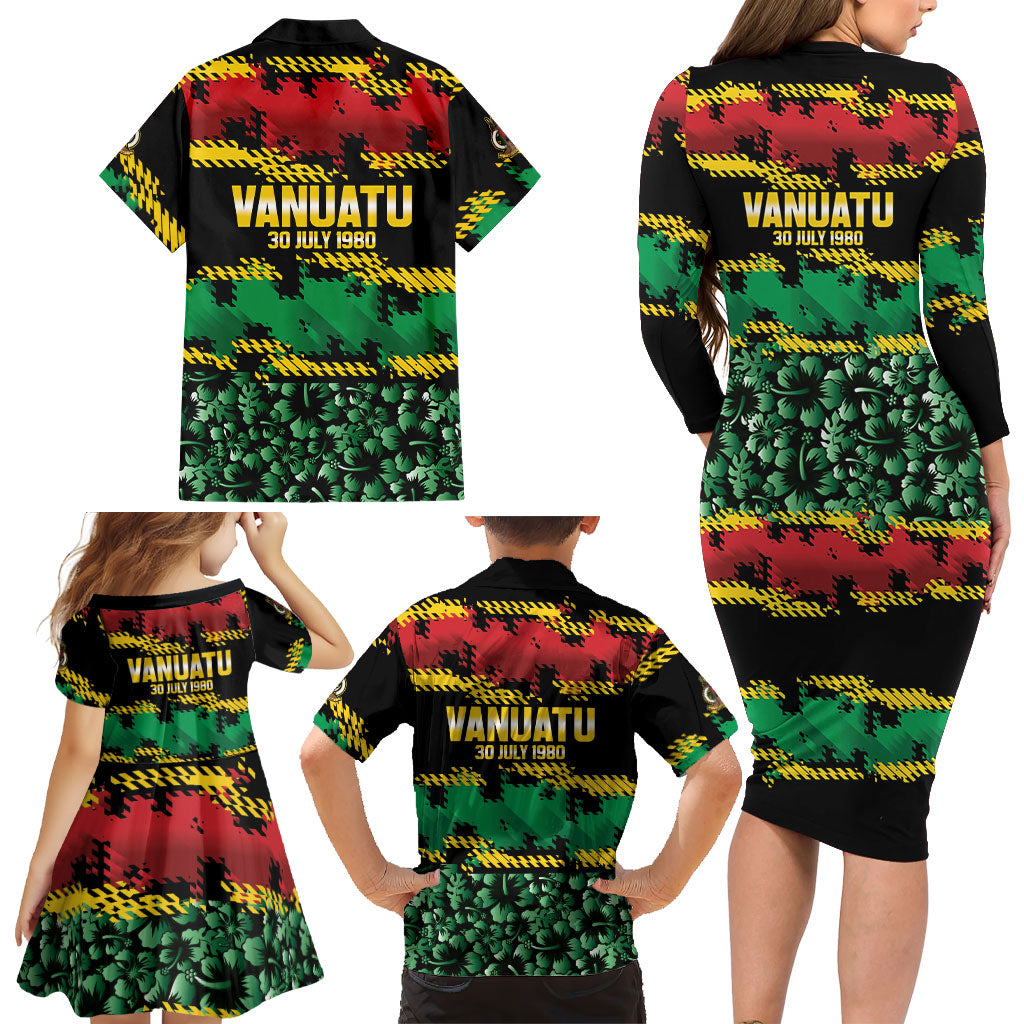 Vanuatu 46th Year Anniversary Family Matching Long Sleeve Bodycon Dress and Hawaiian Shirt 30 July 1980 Hibiscus Seamless Pattern