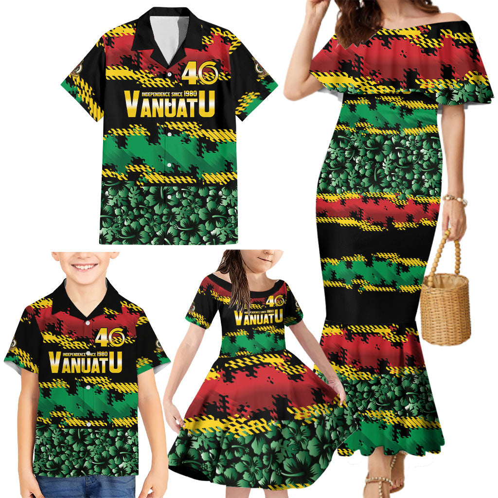 Vanuatu 46th Year Anniversary Family Matching Mermaid Dress and Hawaiian Shirt 30 July 1980 Hibiscus Seamless Pattern