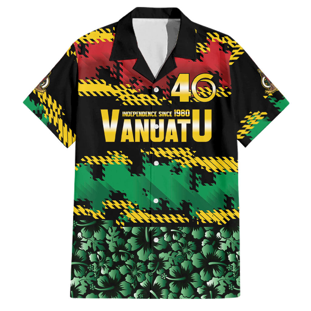 Vanuatu 46th Year Anniversary Family Matching Off Shoulder Short Dress and Hawaiian Shirt 30 July 1980 Hibiscus Seamless Pattern