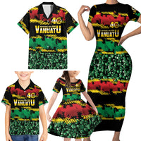 Vanuatu 46th Year Anniversary Family Matching Short Sleeve Bodycon Dress and Hawaiian Shirt 30 July 1980 Hibiscus Seamless Pattern