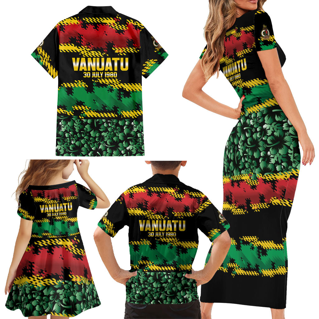 Vanuatu 46th Year Anniversary Family Matching Short Sleeve Bodycon Dress and Hawaiian Shirt 30 July 1980 Hibiscus Seamless Pattern
