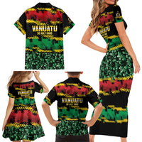 Vanuatu 46th Year Anniversary Family Matching Short Sleeve Bodycon Dress and Hawaiian Shirt 30 July 1980 Hibiscus Seamless Pattern