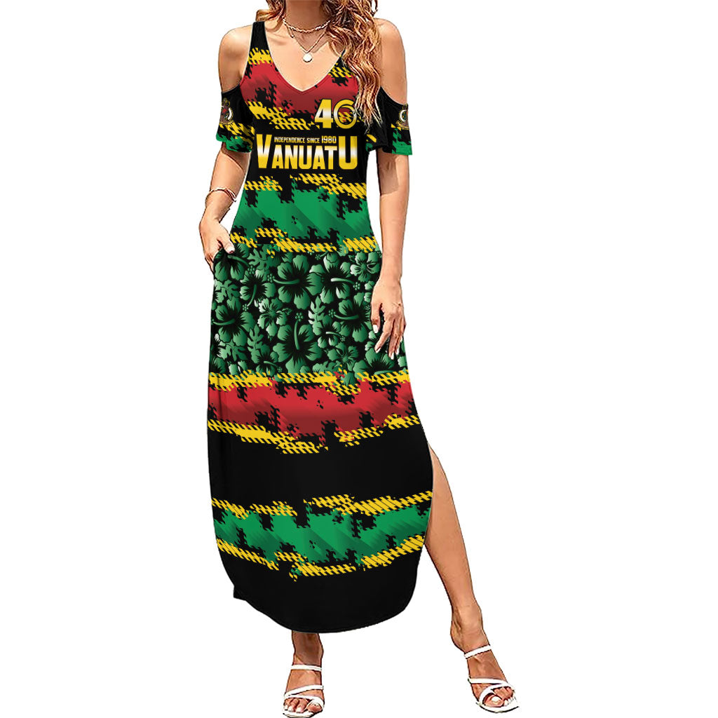 Vanuatu 46th Year Anniversary Family Matching Summer Maxi Dress and Hawaiian Shirt 30 July 1980 Hibiscus Seamless Pattern