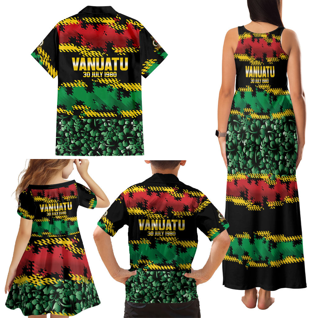 Vanuatu 46th Year Anniversary Family Matching Tank Maxi Dress and Hawaiian Shirt 30 July 1980 Hibiscus Seamless Pattern