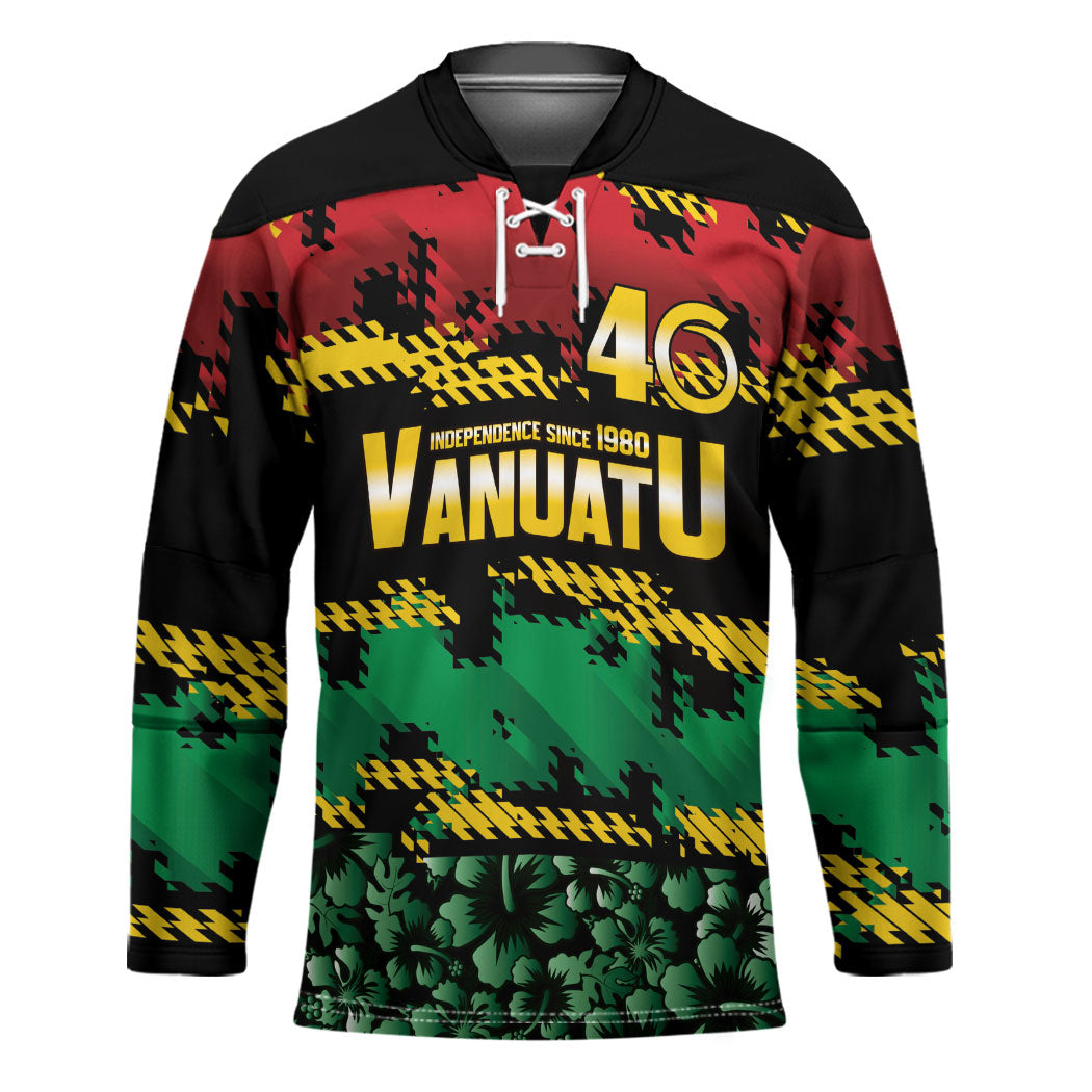 Vanuatu 46th Year Anniversary Hockey Jersey 30 July 1980 Hibiscus Seamless Pattern LT9 Unisex Black - Polynesian Pride