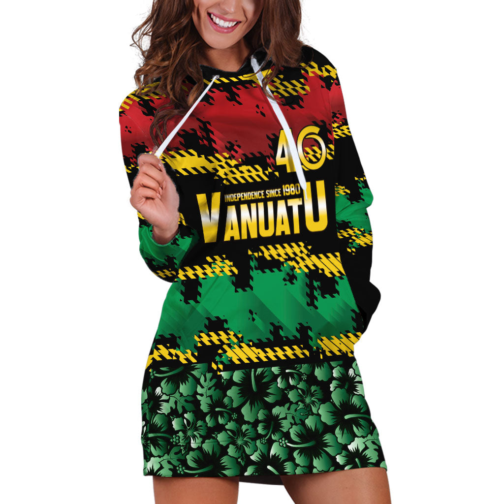 Vanuatu 46th Year Anniversary Hoodie Dress 30 July 1980 Hibiscus Seamless Pattern LT9 Black - Polynesian Pride