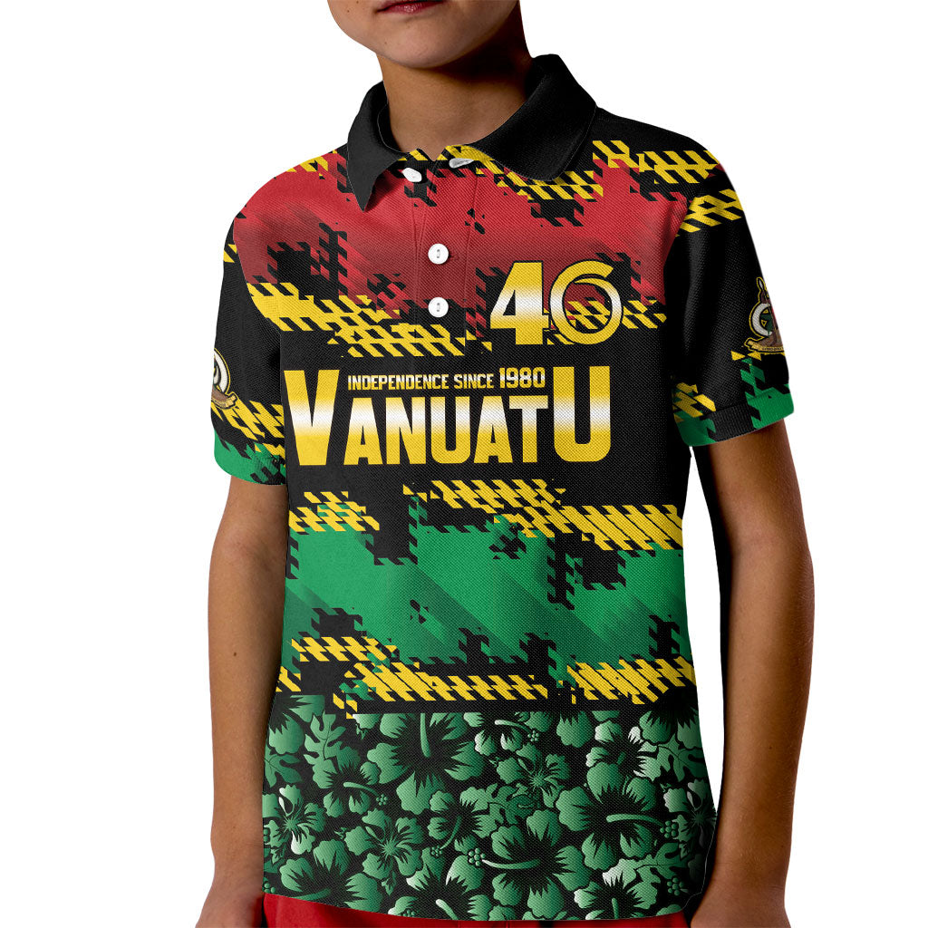 Vanuatu 46th Year Anniversary Kid Polo Shirt 30 July 1980 Hibiscus Seamless Pattern LT9 Kid Black - Polynesian Pride