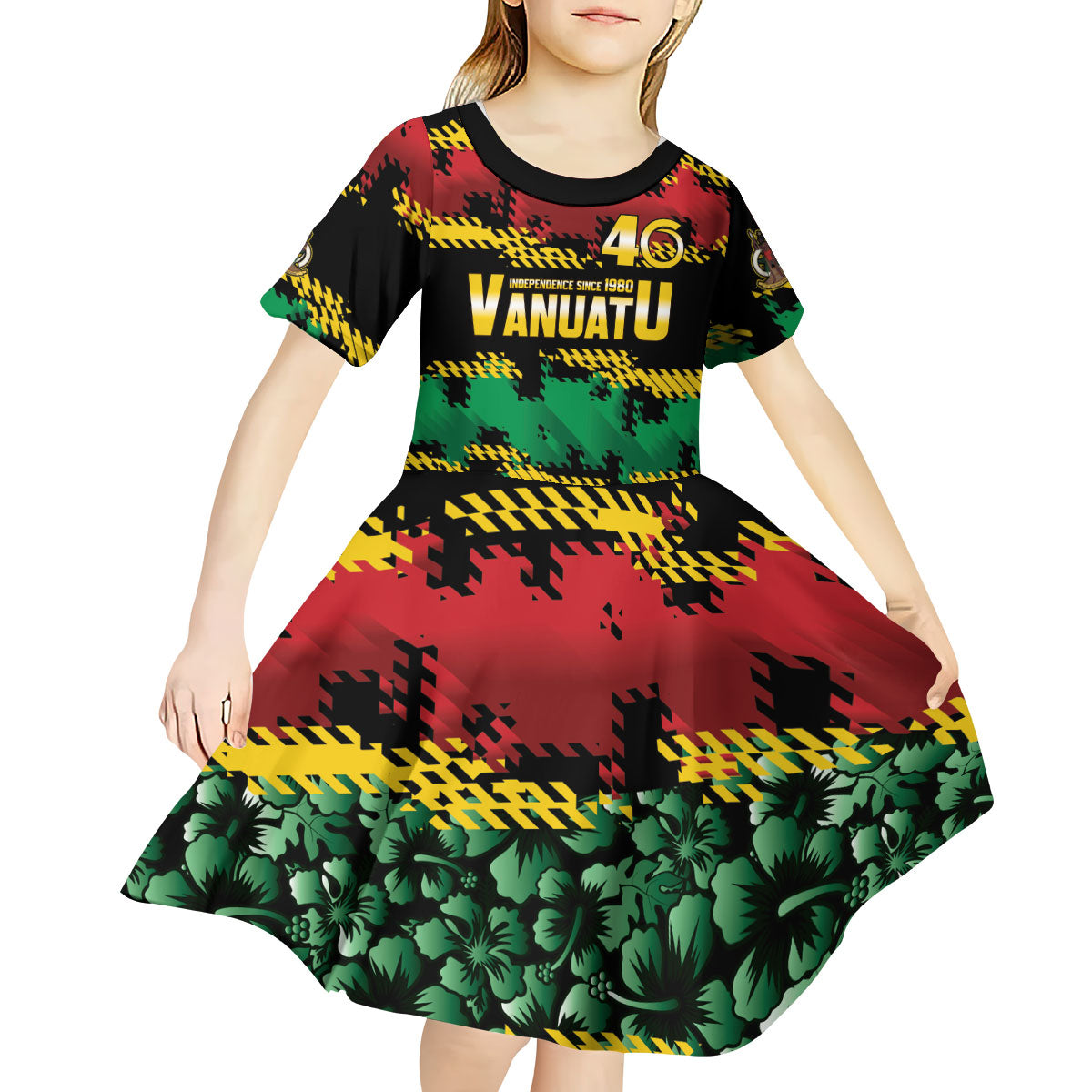 Vanuatu 46th Year Anniversary Kid Short Sleeve Dress 30 July 1980 Hibiscus Seamless Pattern LT9 - Polynesian Pride