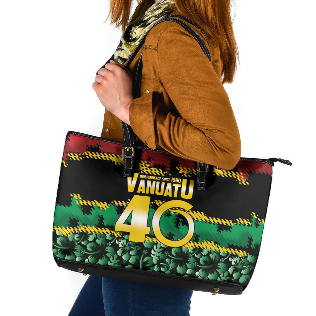 Vanuatu 46th Year Anniversary Leather Tote Bag 30 July 1980 Hibiscus Seamless Pattern LT9 Black - Polynesian Pride