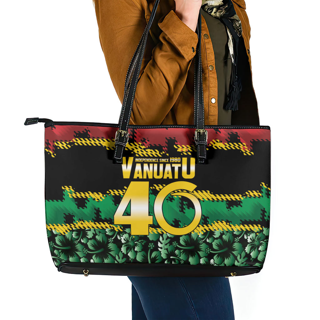Vanuatu 46th Year Anniversary Leather Tote Bag 30 July 1980 Hibiscus Seamless Pattern LT9 - Polynesian Pride