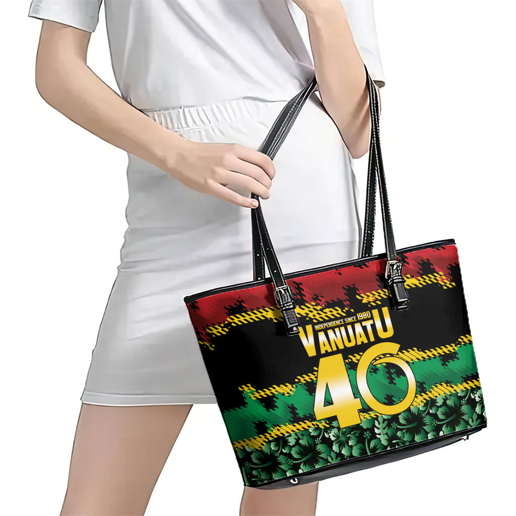 Vanuatu 46th Year Anniversary Leather Tote Bag 30 July 1980 Hibiscus Seamless Pattern LT9 - Polynesian Pride