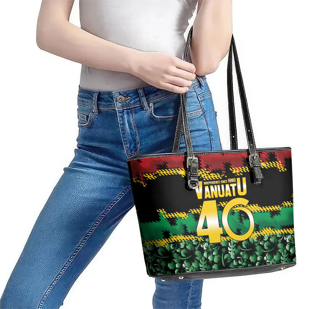 Vanuatu 46th Year Anniversary Leather Tote Bag 30 July 1980 Hibiscus Seamless Pattern LT9 - Polynesian Pride