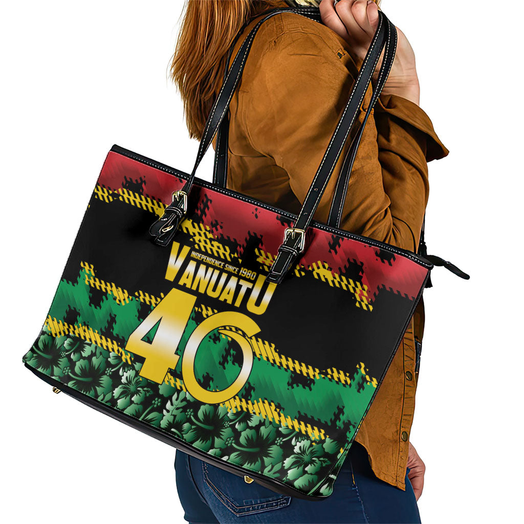 Vanuatu 46th Year Anniversary Leather Tote Bag 30 July 1980 Hibiscus Seamless Pattern LT9 - Polynesian Pride
