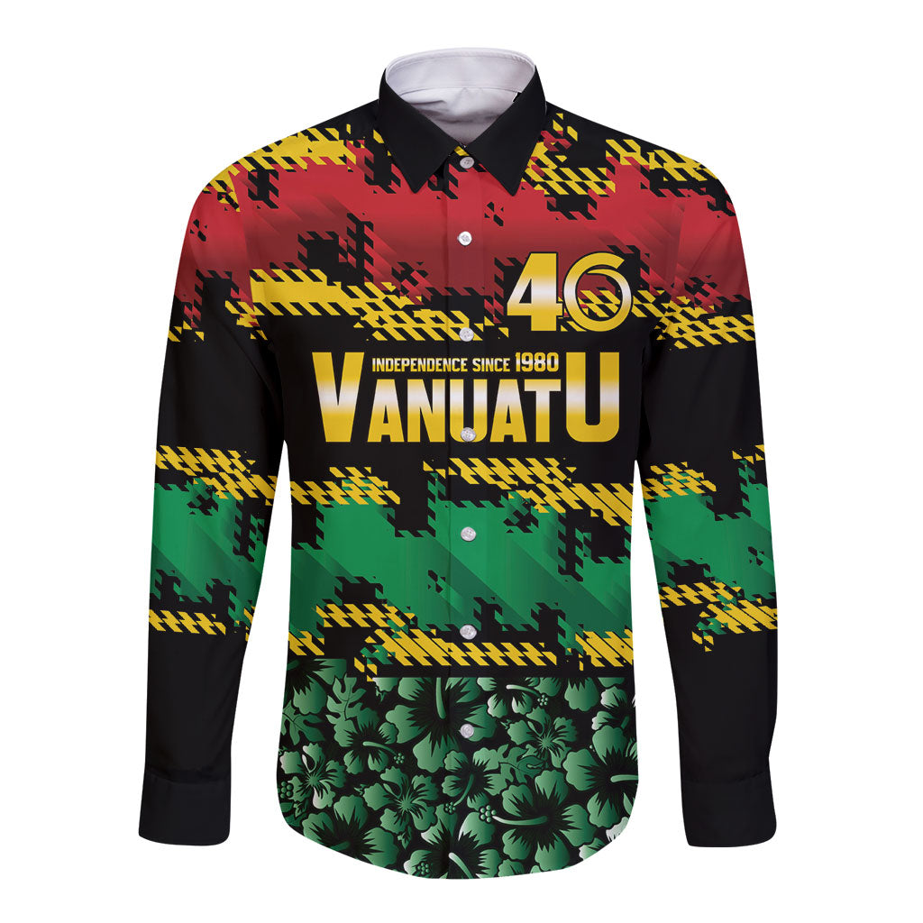 Vanuatu 46th Year Anniversary Long Sleeve Button Shirt 30 July 1980 Hibiscus Seamless Pattern