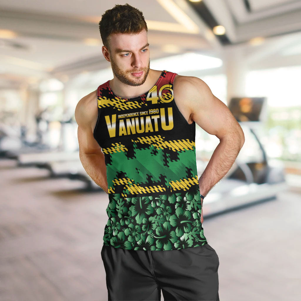 Vanuatu 46th Year Anniversary Men Tank Top 30 July 1980 Hibiscus Seamless Pattern LT9 Black - Polynesian Pride