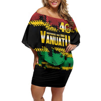 Vanuatu 46th Year Anniversary Off Shoulder Short Dress 30 July 1980 Hibiscus Seamless Pattern LT9 Women Black - Polynesian Pride