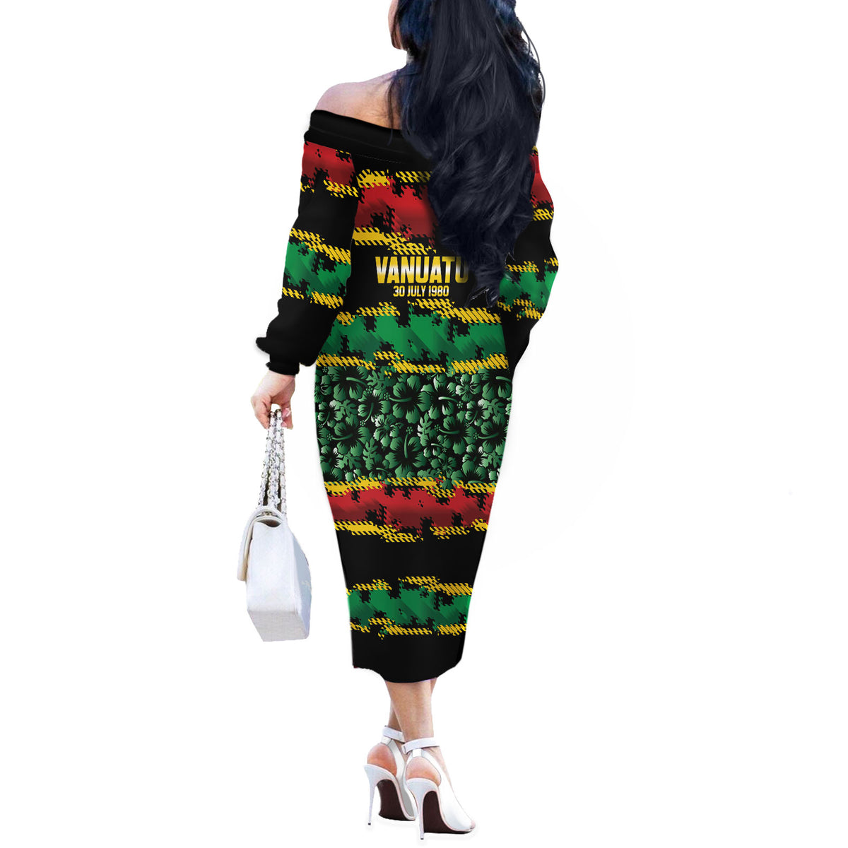 Vanuatu 46th Year Anniversary Off The Shoulder Long Sleeve Dress 30 July 1980 Hibiscus Seamless Pattern LT9 - Polynesian Pride