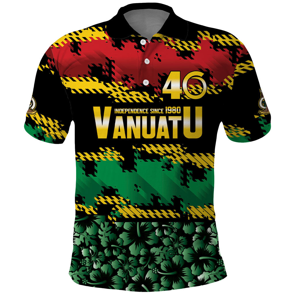 Vanuatu 46th Year Anniversary Polo Shirt 30 July 1980 Hibiscus Seamless Pattern LT9 Black - Polynesian Pride