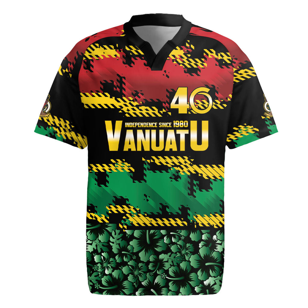 Vanuatu 46th Year Anniversary Rugby Jersey 30 July 1980 Hibiscus Seamless Pattern LT9 Black - Polynesian Pride