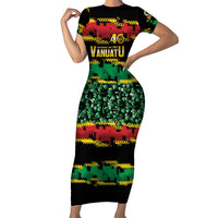Vanuatu 46th Year Anniversary Short Sleeve Bodycon Dress 30 July 1980 Hibiscus Seamless Pattern