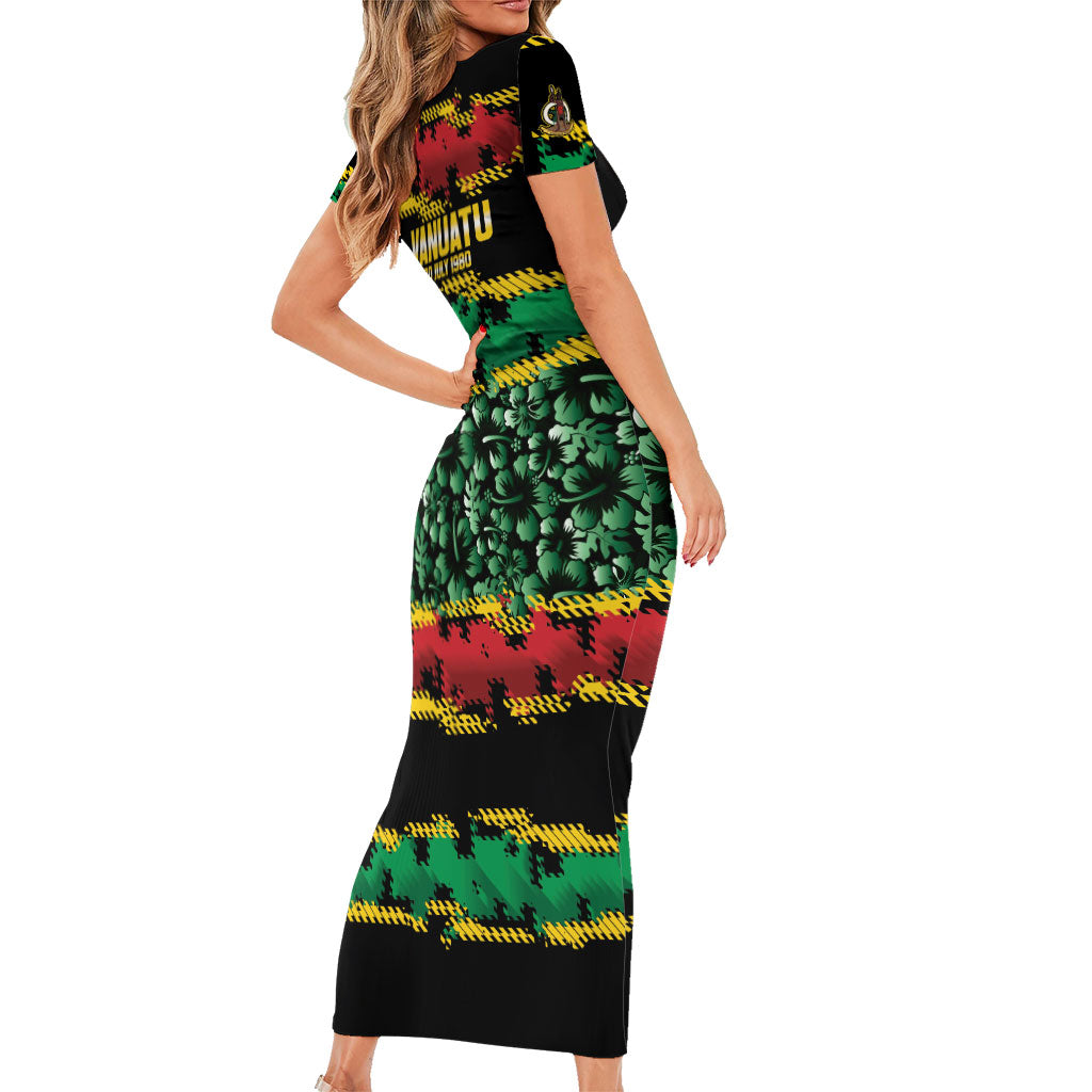 Vanuatu 46th Year Anniversary Short Sleeve Bodycon Dress 30 July 1980 Hibiscus Seamless Pattern