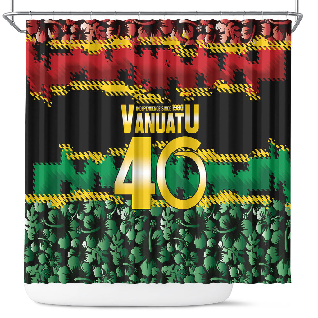 Vanuatu 46th Year Anniversary Shower Curtain 30 July 1980 Hibiscus Seamless Pattern LT9 Black - Polynesian Pride