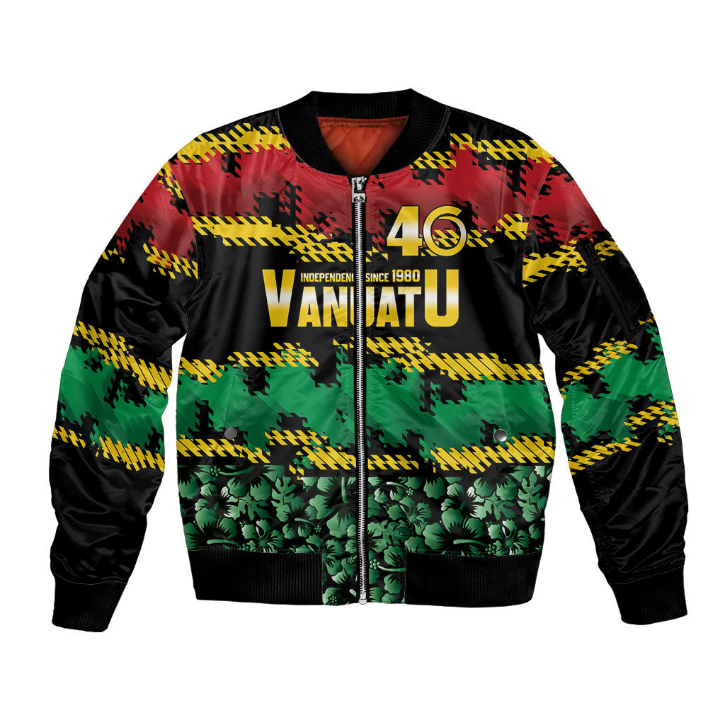 Vanuatu 46th Year Anniversary Sleeve Zip Bomber Jacket 30 July 1980 Hibiscus Seamless Pattern LT9 Unisex Black - Polynesian Pride