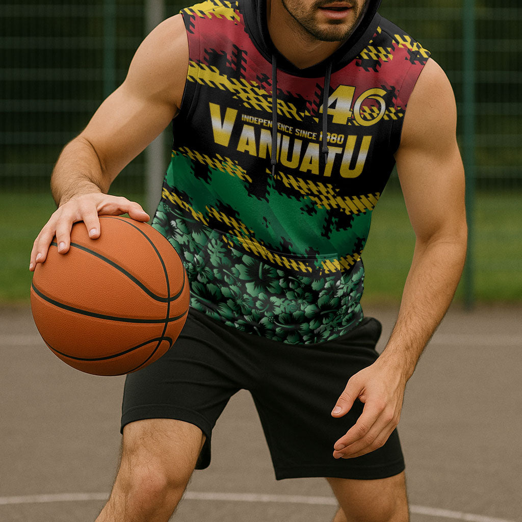 Vanuatu 46th Year Anniversary Sleeveless Hoodie 30 July 1980 Hibiscus Seamless Pattern LT9 - Polynesian Pride