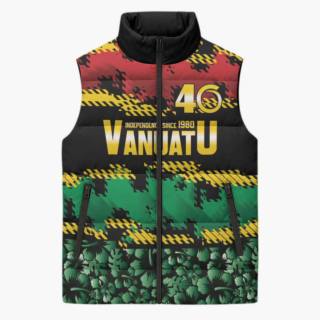 Vanuatu 46th Year Anniversary Sleeveless Puffer Jacket 30 July 1980 Hibiscus Seamless Pattern LT9 Unisex Black - Polynesian Pride