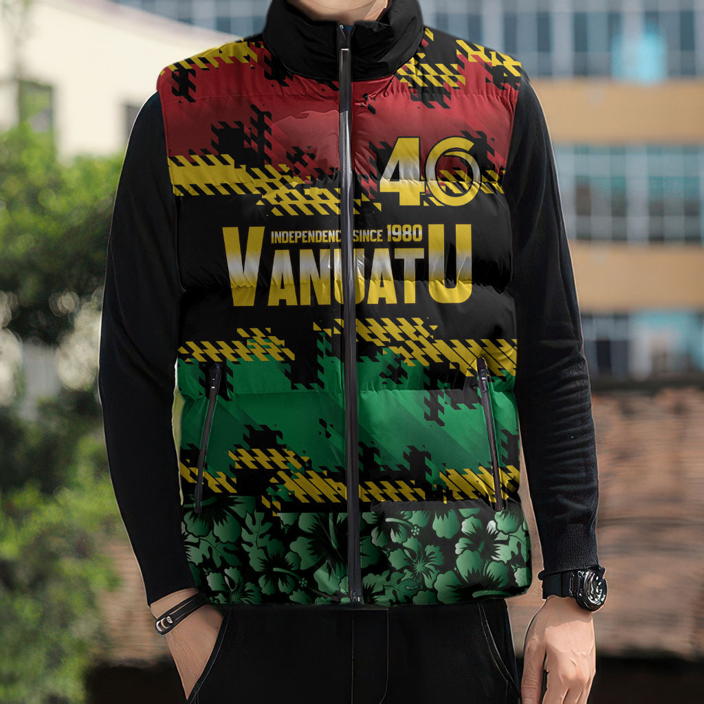 Vanuatu 46th Year Anniversary Sleeveless Puffer Jacket 30 July 1980 Hibiscus Seamless Pattern LT9 - Polynesian Pride