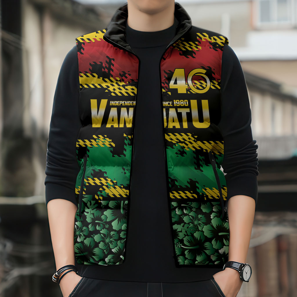 Vanuatu 46th Year Anniversary Sleeveless Puffer Jacket 30 July 1980 Hibiscus Seamless Pattern LT9 - Polynesian Pride