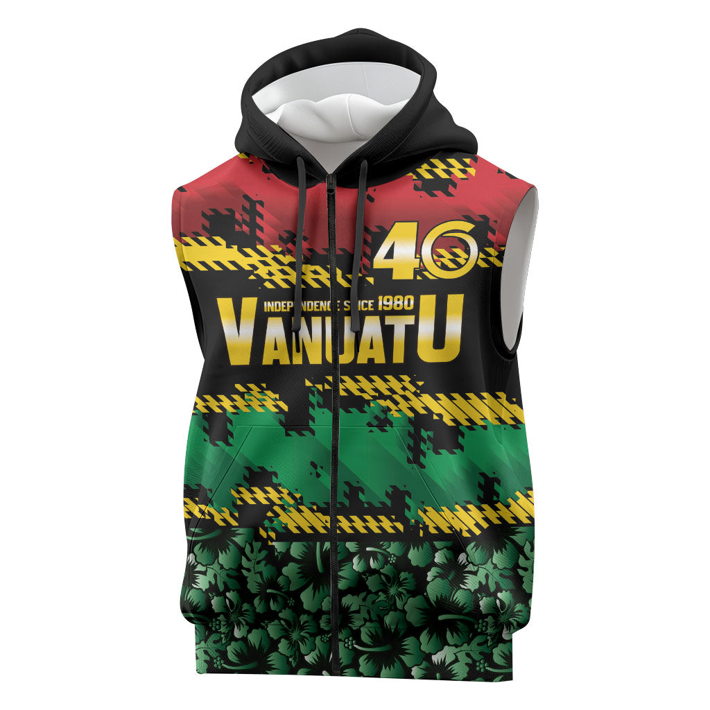 Vanuatu 46th Year Anniversary Sleeveless Zip Hoodie 30 July 1980 Hibiscus Seamless Pattern LT9 Black - Polynesian Pride