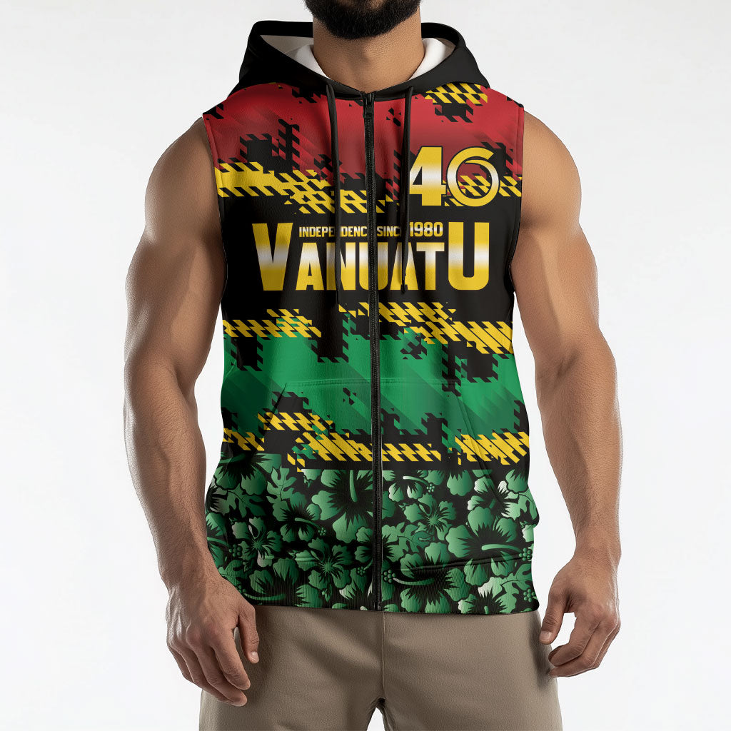 Vanuatu 46th Year Anniversary Sleeveless Zip Hoodie 30 July 1980 Hibiscus Seamless Pattern LT9 - Polynesian Pride
