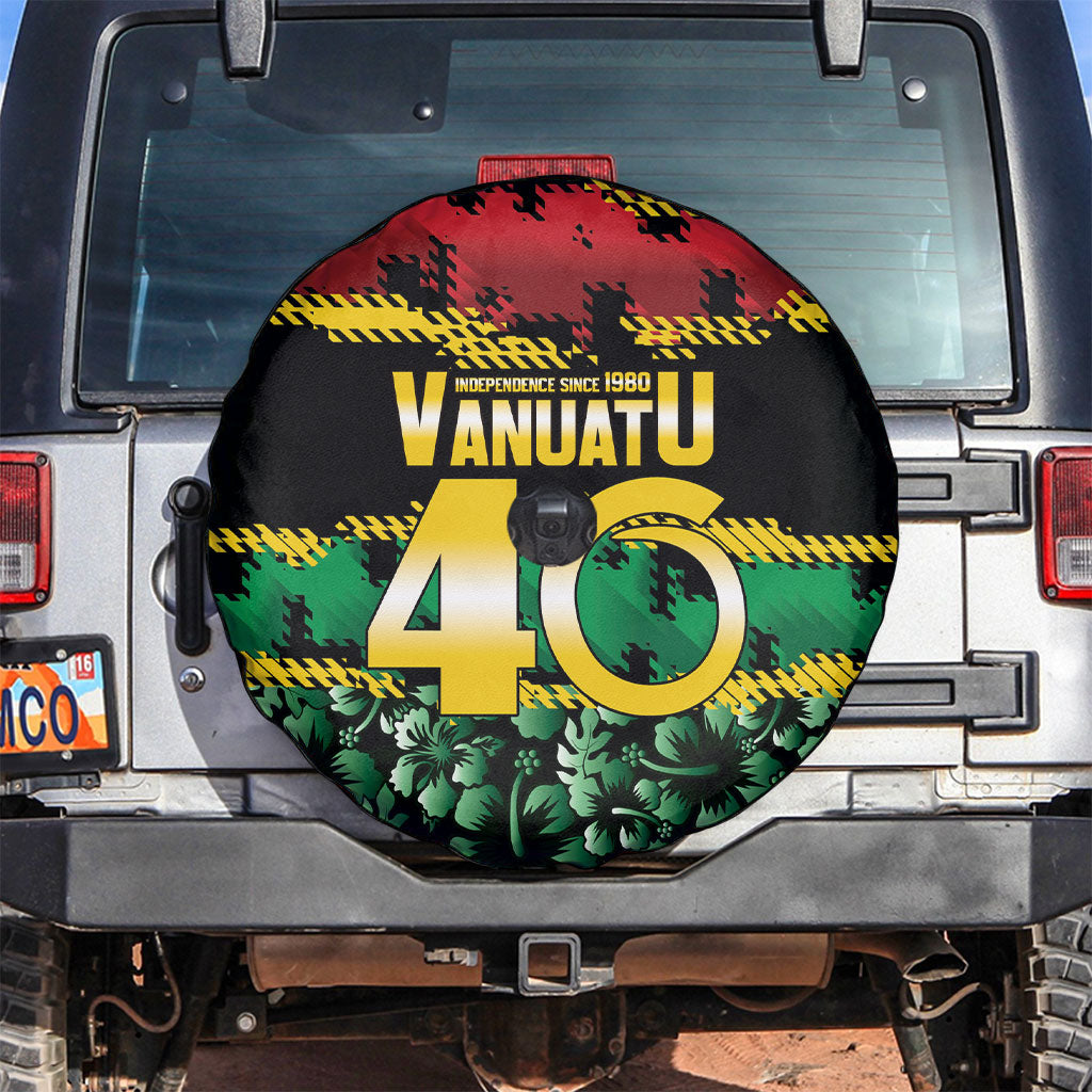 Vanuatu 46th Year Anniversary Spare Tire Cover 30 July 1980 Hibiscus Seamless Pattern LT9 Black - Polynesian Pride